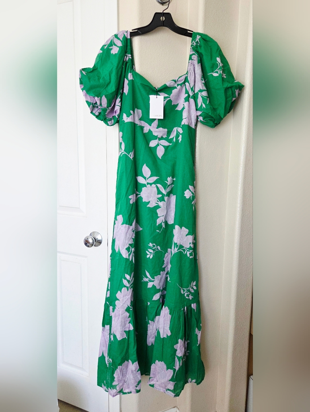 Sugarlips Green Floral Puff-Sleeve Maxi Dress with Lilac Blooms